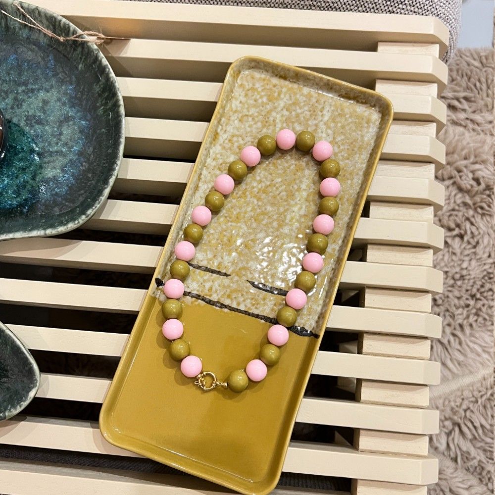 Kralenketting - Mosterdgroen/lichtroze