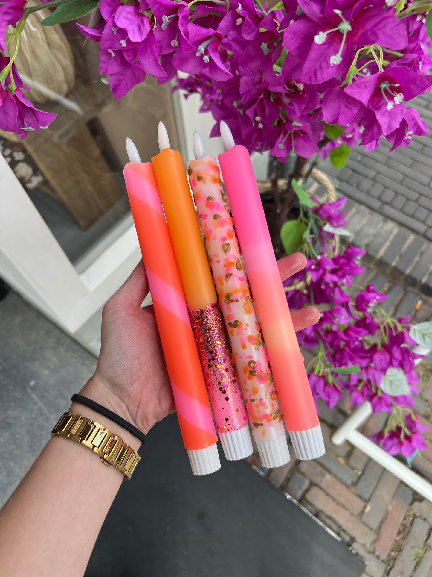 Led Kaars - Disco neon roze/oranje/goud