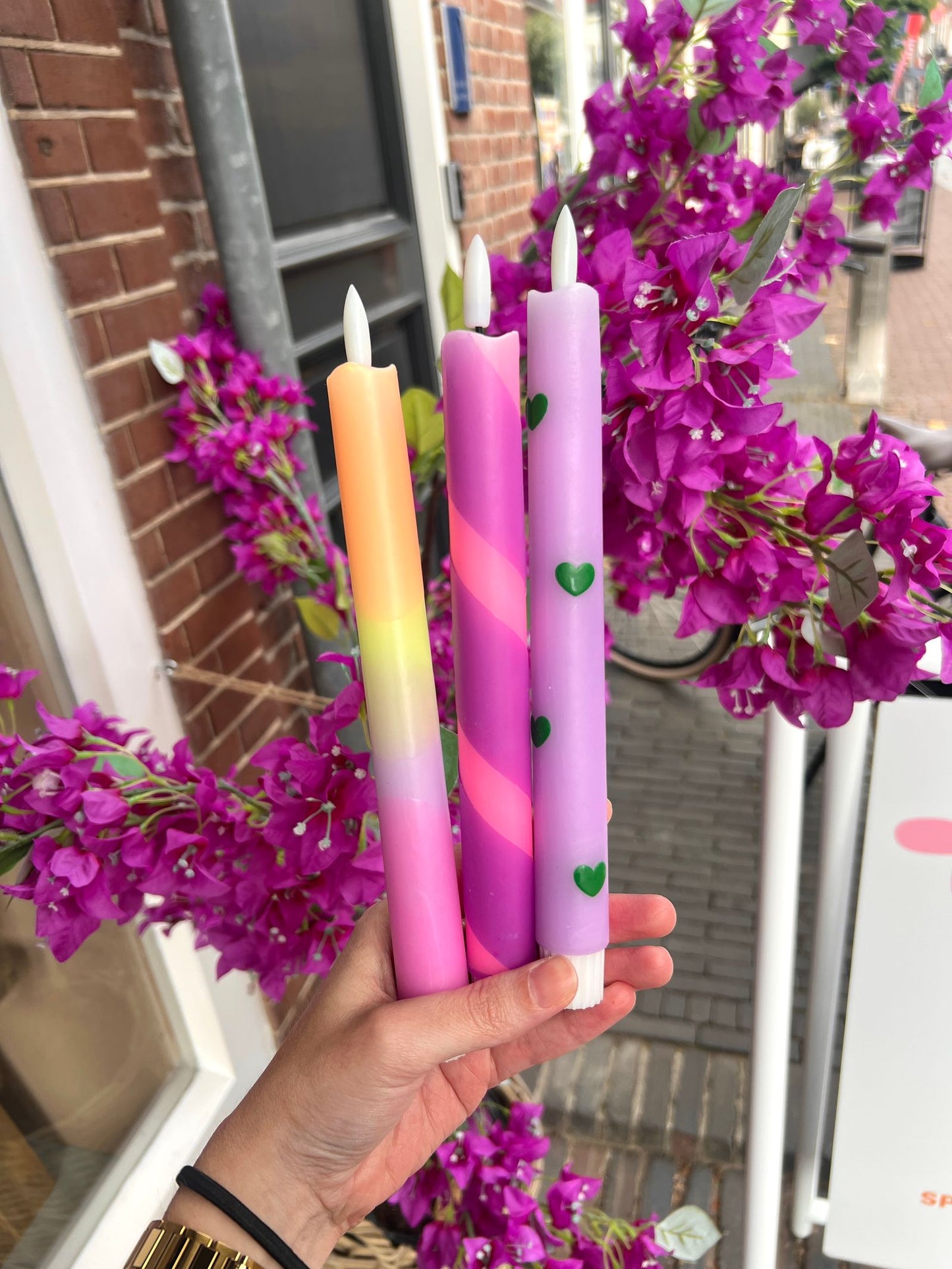 Led kaars - Hartjes lila/groen