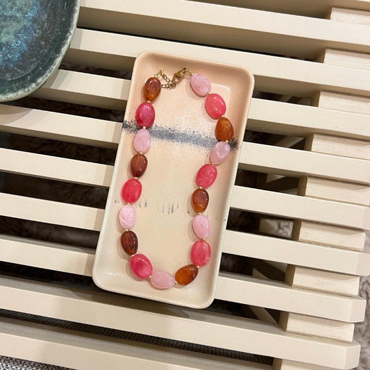 Ketting - Ovale kralen - Bruin/roze