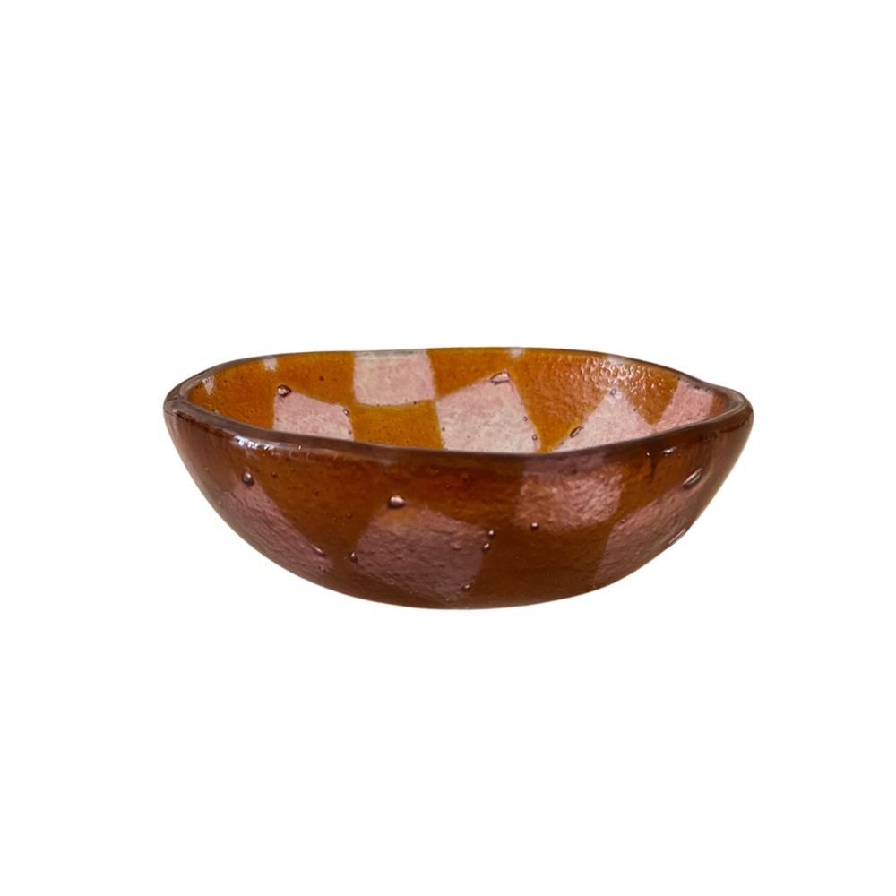 Schaaltje glas M - Roze/oranje ruit