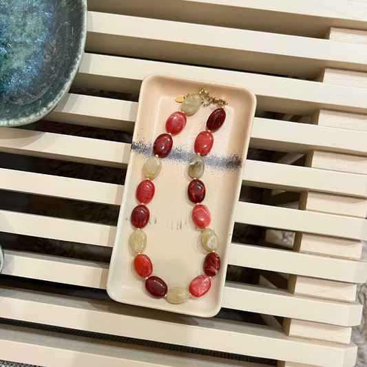 Ketting - Ovale kralen - Rood/bruin/beige
