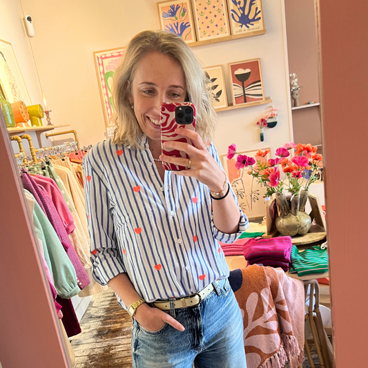 Blouse Olivia - Blauw/wit met neon hartjes