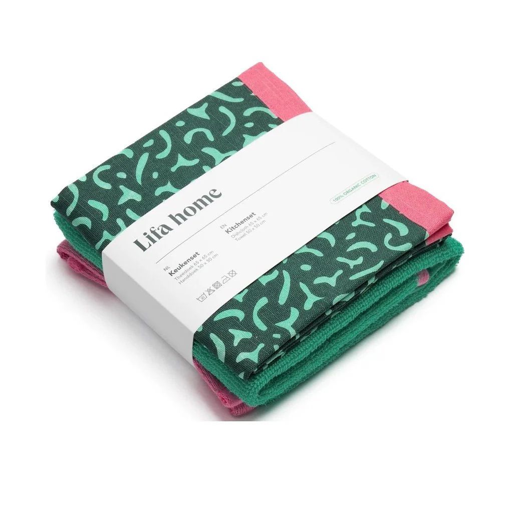 Lifa Home - Theedoek en Handdoek Set - Groen/Roze