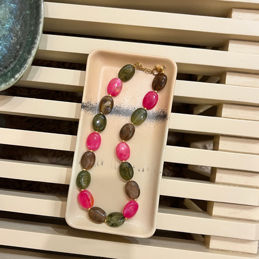 Ketting - Ovale kralen - Bruin/Roze/Groen