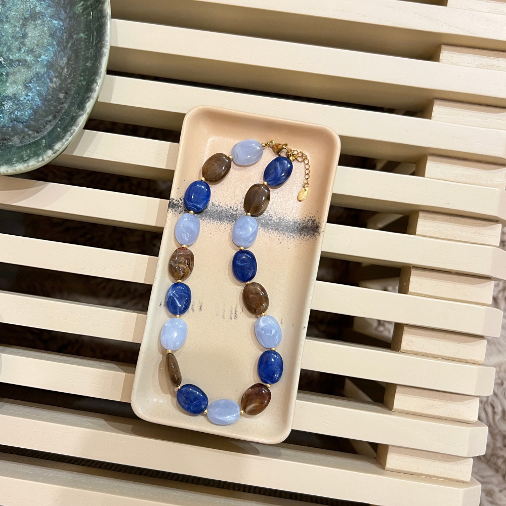 Ketting - Ovale kralen - Bruin/blauw