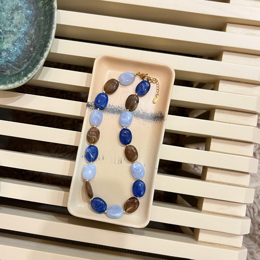 Ketting - Ovale kralen - Bruin/blauw